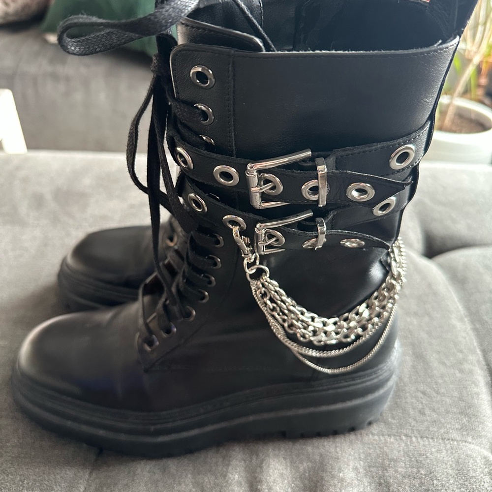 Zara Black Combat Boots with Silver Accents